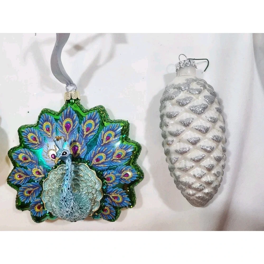 (3)Christmas Bead & Sequin & (1) Glass Ornament~Santa, Santa W/Duckie,Peacock